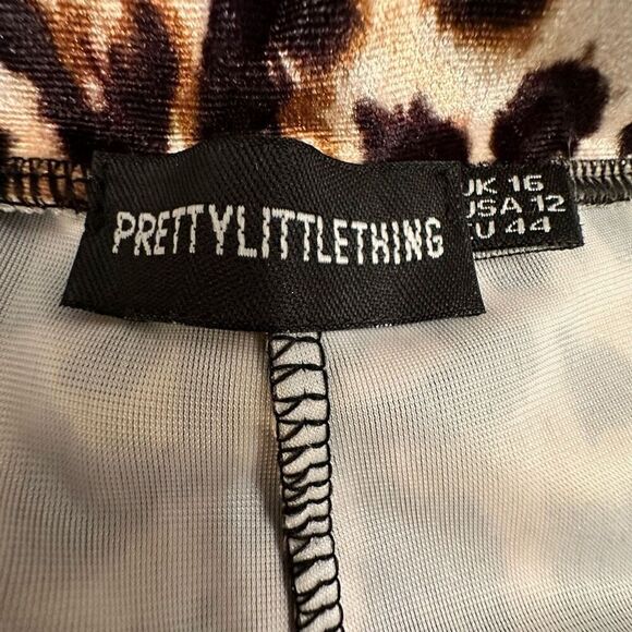 Pretty Little Thing Leopard Velvet Flat Front Wide Leg Pants Brown Tan Size 12 - Picture 4 of 6